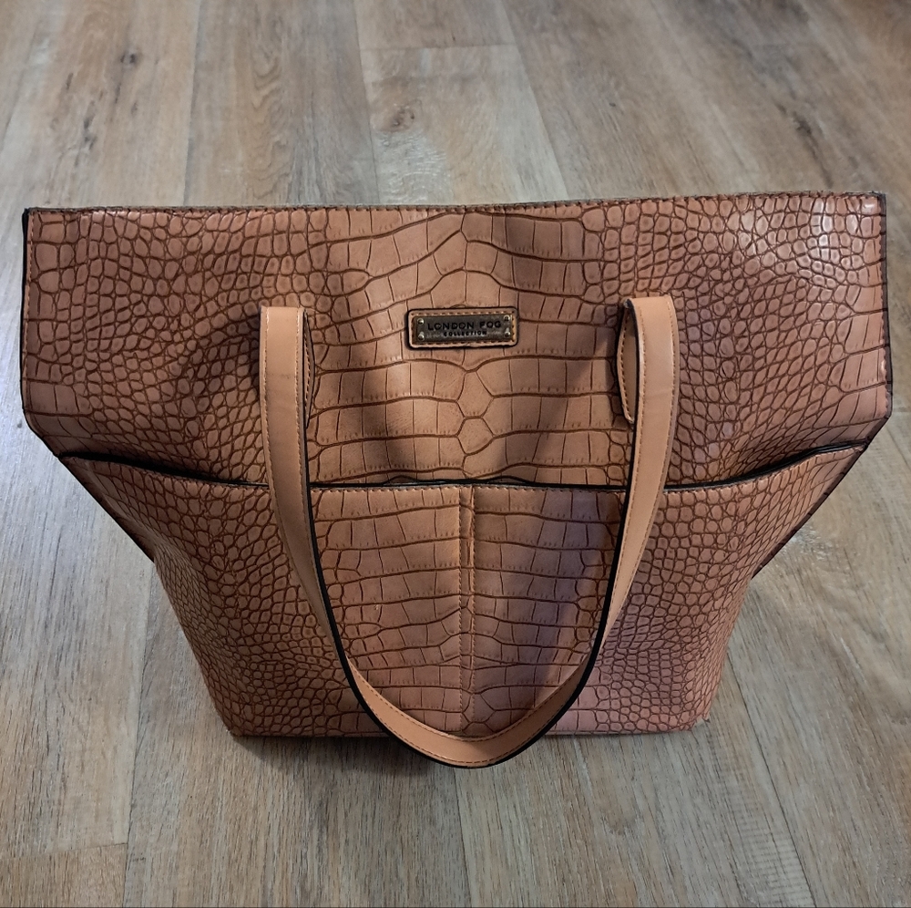 London Fog Croc-Embossed Tote Bag in Tan